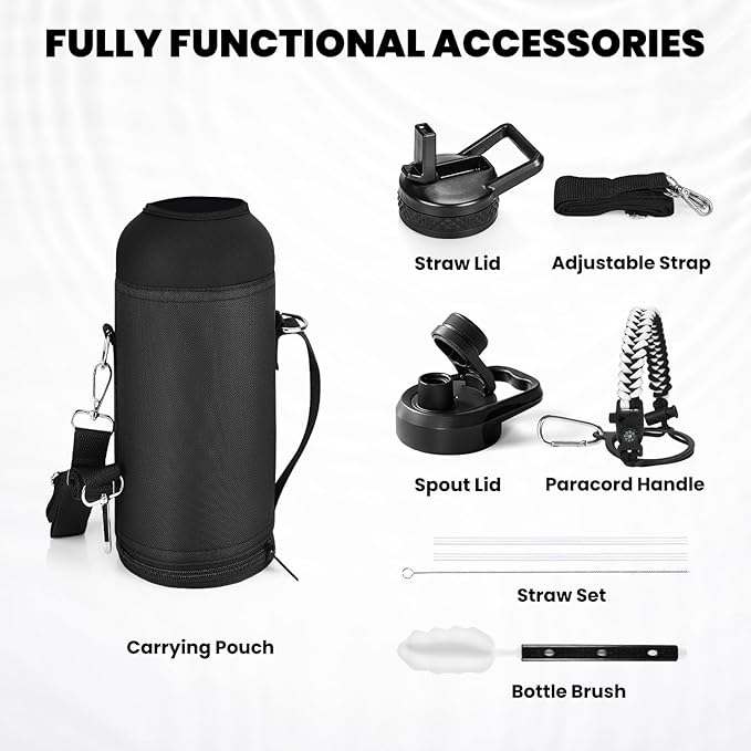 RAYMYLO Insulated Water Bottle 40 oz, Triple Wall Vacuum Stainless Steel (Cold for 36Hrs, Hot for 18Hrs), Leak Proof & Non-BPA, Modern Water Flask Jug with Paracord Handle & Straw Spout Lids