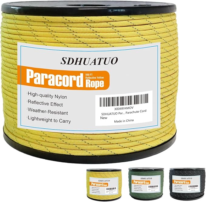 SDHUATUO Paracord Rope 500FT, 550lb Type III Nylon Parachute Cord 7-Strand Core with Reflective Strips, Utility String for Survival, Camping Gear, Hiking, DIY, Crafting, Outdoor, Yellow