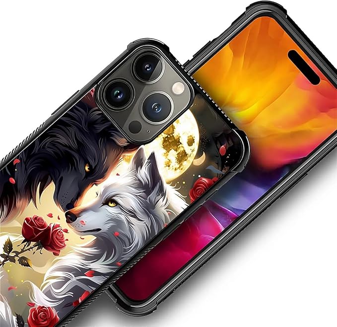 for iPhone 16 Pro Max Case, Black White Wolf Moon Flower Rose Pattern Graphic Design Girl Boy Soft Silicone Hard Acrylic Shock Protection for iPhone 16 Pro Max
