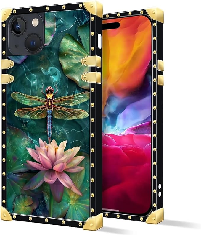 Compatible with iPhone 15 Case, Colourful Dragonfly Pink Lily Pads Luxury Golden Decoration for Girl Women Soft TPU Shockproof Protective Hard PC Back for iPhone 15