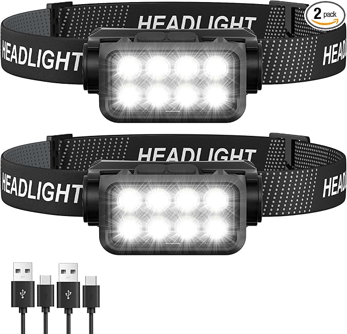 Rechargeable Headlamp Flashlight 2-Pack, 8 LED 2500 Lumen Ultra-Light Bright Headlight with Motion Sensor, Waterproof Lightweight Head Lamp for Adult Kid, Headlamps for Outdoor Camping Running Fishing