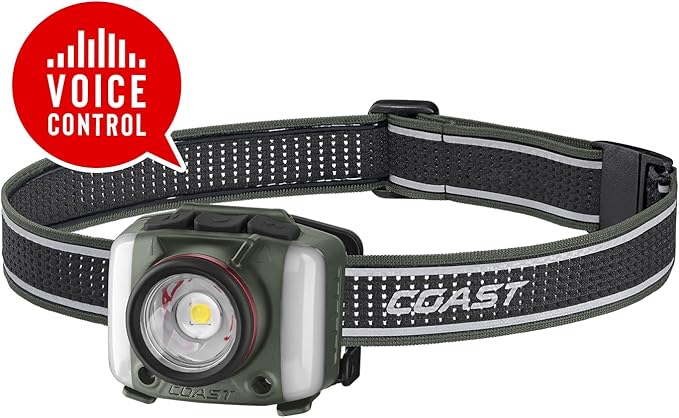 Coast FL97R Voice-Controlled 1200 Lumen Rechargeable LED Headlamp with Pure Beam® Spot & Flood, ARC Lighting, Red & Green Color Modes, Glide Focus™ Radial Arm Dial and USB-C Charge Port, Forest Green