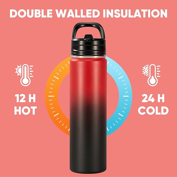 Fijinhom 24oz Insulated Stainless Steel Water Bottle with Straws, Double Wall Vacuum Insulated Bottles, Metal Thermo for Travel, Sports, Leak-Proof, BPA Free, Women & Men, Red Gradient