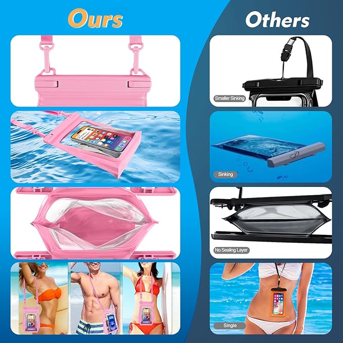 PEDVSTY Large Waterproof Phone Pouch [with Sealing Strip], Cell Phone Dry Bag for iPhone 17 16 15 14 13 Pro Max Galaxy S25 S24 S23 All Devices, Floating Water Proof Bag for Beach Water Park Hot Pink