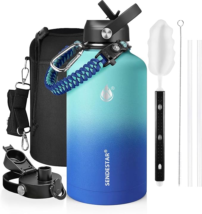 One Gallon Insulated Water Bottle, Triple Wall 128 oz Stainless Steel Wide Mouth Water Bottles (Cold for 48 Hrs), Leak Proof, Non-BPA, Large Water Flask Jug with Paracord Handle & Straw Spout Lids