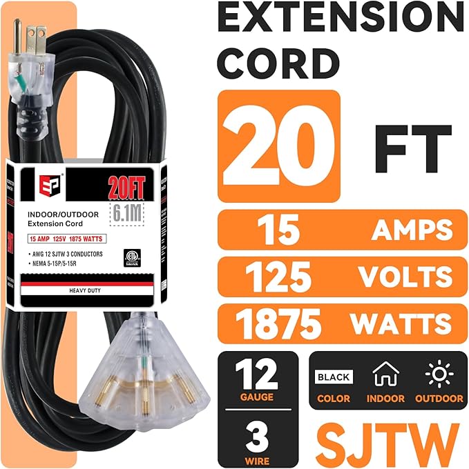 EP 20 Ft 12 Gauge Heavy Duty Extension Cord, 15A 125V 1875W, 3 Outlet Indoor/Outdoor Power Cord with Lighted End, 12/3 SJTW Weatherproof Black