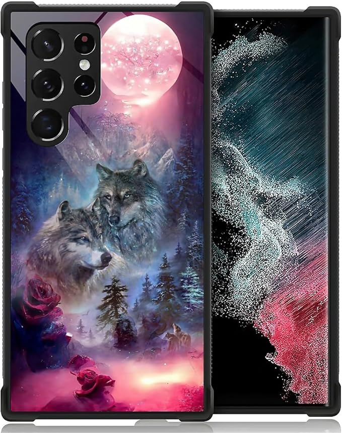 for Samsung Galaxy S22 Ultra Case, Star Two Wolfs Howling Pattern Graphic Design Girl Boy Soft Silicone Hard Acrylic Shock Protection for Samsung Galaxy S22 Ultra