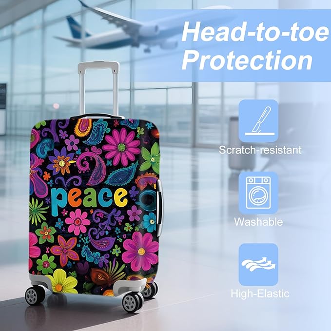 ANNA QUEEN Peace Flowers Travel Luggage Cover -Spring Stretchable Airplane Suitcase Protector Sleeve,Universal Washable Fit for 28-30 Inch Checked Baggage,Water Resistant Durable Luggage Protector