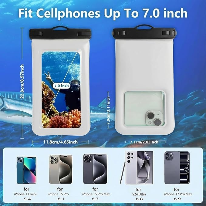 Floatable Soap Bubble Waterproof Phone Pouch/Case with Crossbody Lanyard for iPhone 17 16 Pro Max/15 Pro/14/13/12, IP68 Cellphone Dry Bag Beach Cruise Ship Essentials, 2 Pack-Sand Dollar-7″