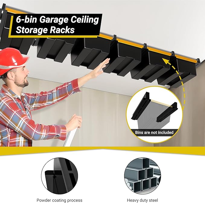 6-bin Overhead Garage Storage Rack, Ceiling Storage Racks Heavy Duty, Powder Coated Tote Storage Rack for Garages, Sheds, Storerooms (7 PCS, for 6 Bins)