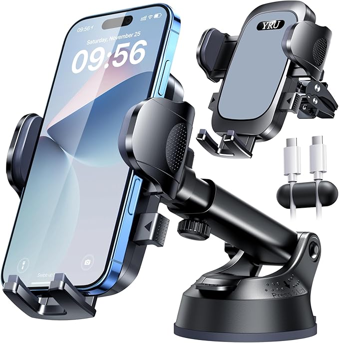 YRU [True Upgrade for Safety] Car Phone Holder Mount [Patent & Military-Grade] Dashboard Cell Phone Holder for Car Vent Windshield Phone Stand for iPhone 17 16 15 14 13 Pro Max Truck Samsung (Grey)