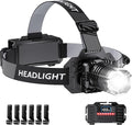 Super Bright Headlamp Rechargeable- LED Head Light, 99000LM Zoom Head Lamp & Rear Red Light, Waterproof Head Torch/Headlight Flashlight with 6 Helmet Clips for Camping, Hiking, Fishing