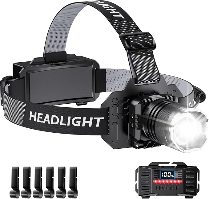 Super Bright Headlamp Rechargeable- LED Head Light, 99000LM Zoom Head Lamp & Rear Red Light, Waterproof Head Torch/Headlight Flashlight with 6 Helmet Clips for Camping, Hiking, Fishing