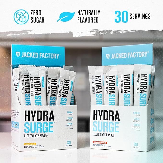 Jacked Factory Hydrasurge Electrolytes Powder Packets - Sugar Free & Naturally Sweetened Hydration Packets - Keto & Vegan Friendly, Easily Dissolves - 30 Stick Packs, Lemonade
