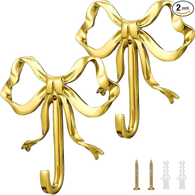 2 Pcs Gold Bow Wall Hooks - Elegant Brass Coat Hanger, Multi-Purpose Towel Hooks for Bathroom, Living Room & Kitchen - Elegant Gift for Home Decor (Gold 2L)