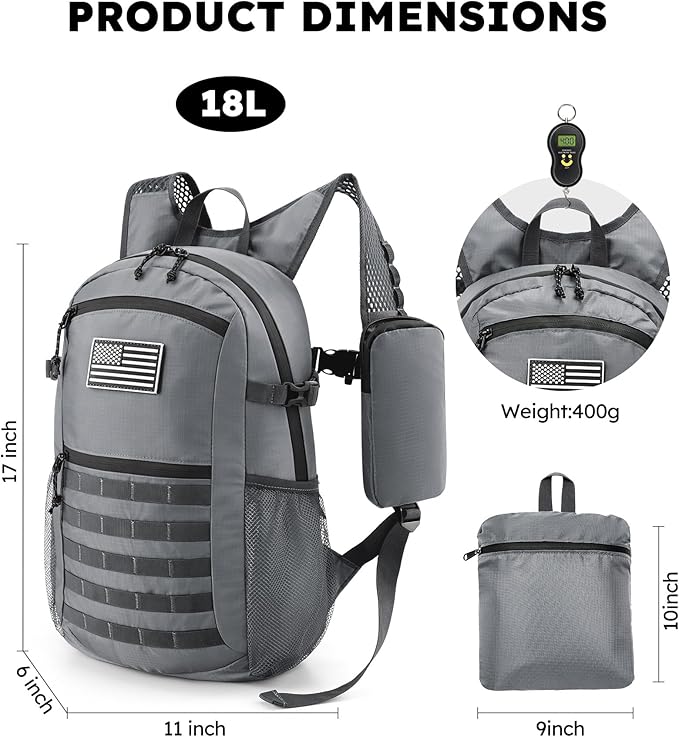 Small 20L Foldable Hiking Daypack for Men Women – Ultra Lightweight Tactical Packable Backpack for Travel, Camping Outdoor, Grey