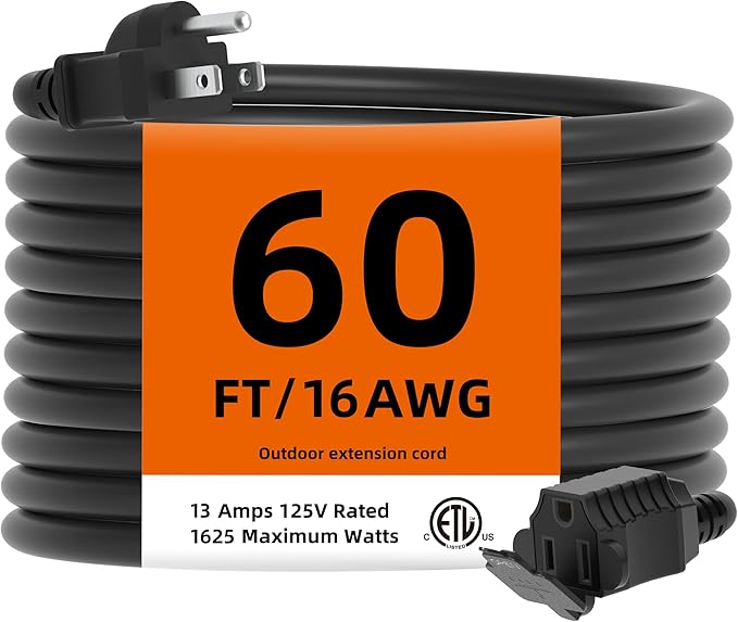 TiFFCOFiO Indoor Outdoor Extension Cord Waterproof, 60 Feet 3 Prong Power Cord for Home and Garden, 16 AWG, 13A/1625W, ETL Listed