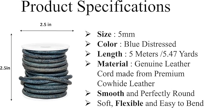GENIQUE Real/Genuine Round Leather String Cord for Necklace, Bracelets, Jewellery, Braiding (5mm, Blue Distressed)