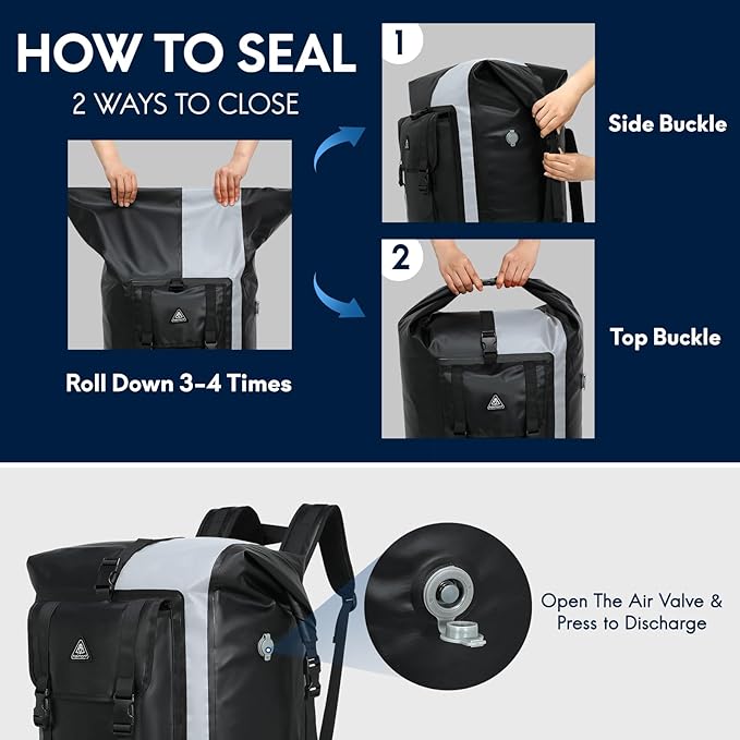 Haimont 100L Waterproof Backpack Large Roll Top Dry Backpacks Marine Dry Bags with Air Valve Travel Surfing Black/Grey