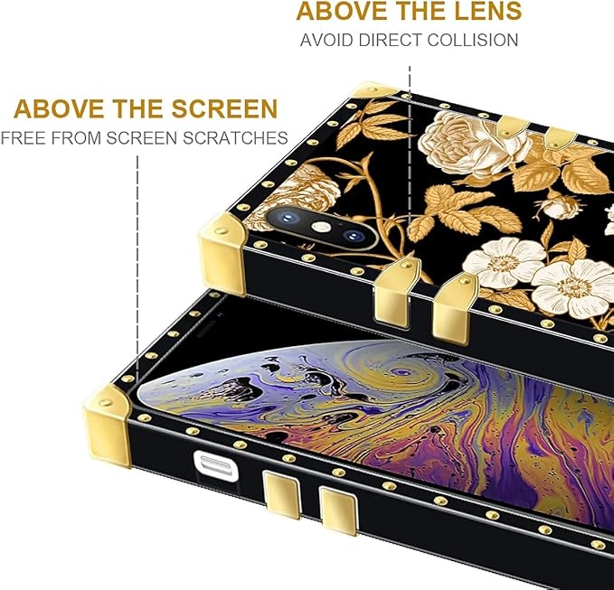 Compatible with iPhone Xs Max Case, Blooming Rose Golden Flower Luxury Golden Decoration for Girl Women Soft TPU Shockproof Protective Hard PC Back for iPhone Xs Max