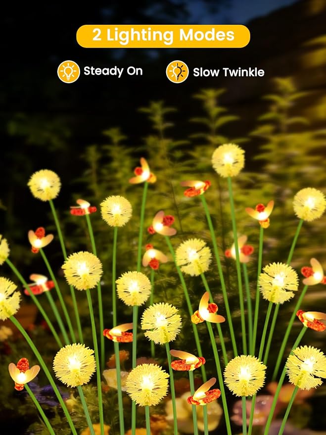 Solar Garden Lights Outdoor, 4 Pack 32 LED, Solar Swaying Dandelion Bee Lights Waterproof, Swaying Firefly Lights for Yard Pathway Lawn Patio Decorations, 2 modes (Steady on, Slow Twinkle), Warm White