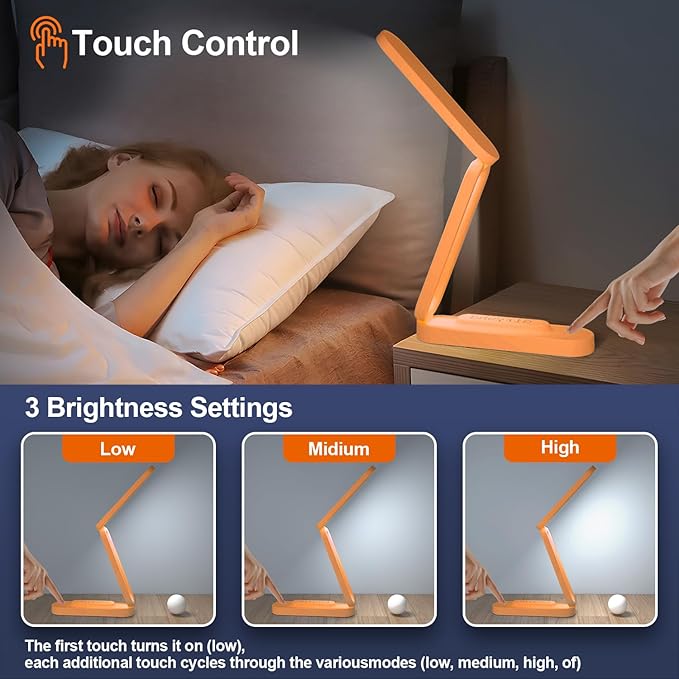 Giryuhd LED Desk Lamp for Office Home & Battery Operated Lamp Rechargeable Lamp Foldable & Portable Light, LED Desk Light Strip, 3 Brightness Dimmable Small Desk Lamp Reading Lamp (Orange)