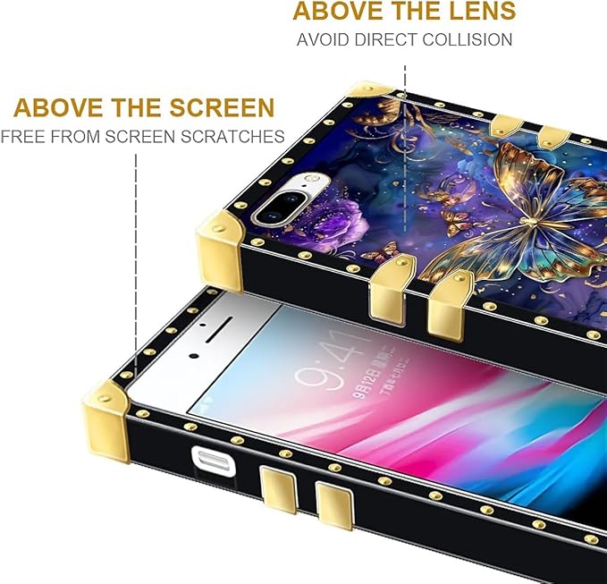 Compatible with iPhone 8 7 SE Case, Glistening Golden Butterfly Vibrant Purple Blue Luxury Golden Decoration for Girl Women Soft TPU Shockproof Protective Hard PC Back