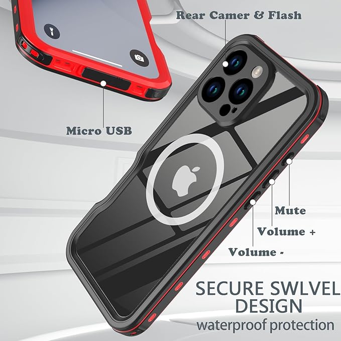 for iPhone 16 Pro Max Case Waterproof, [Shockproof] [Dustproof] [IP68 Waterproof] Full-Body Hard Case Built-in [Lens Screen Protection] for Diving Case (Red, for iPhone 16 Por Max 6.9in)
