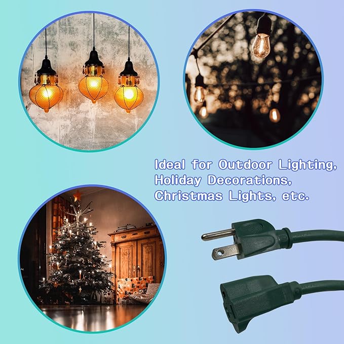 Indoor Outdoor Extension Cord 50 FT, 16/3 SJTW Weatherproof Green Electrical Cords, 13 AMP Heavy Duty 3 Prong Power Cable Great for Garden, Landscaping & Holiday Decorations