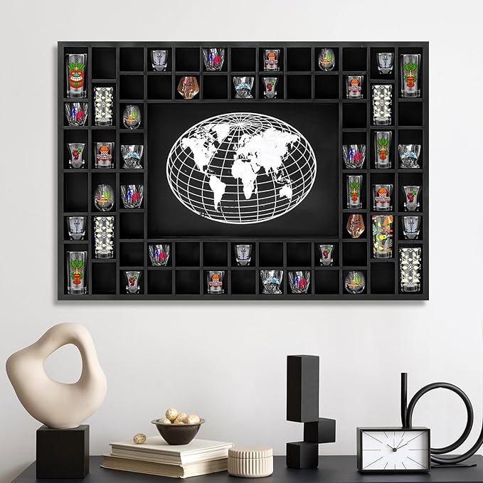 GlikCeil Large World Map 68 Slots Shot Glass Display Case 40 x 28'' Rustic Wood Shot Glass Holder for 7 Sizes Wineglass Bar Shelf Organizer Wall Mount Storage Shadow Cabinet Decor (Black)