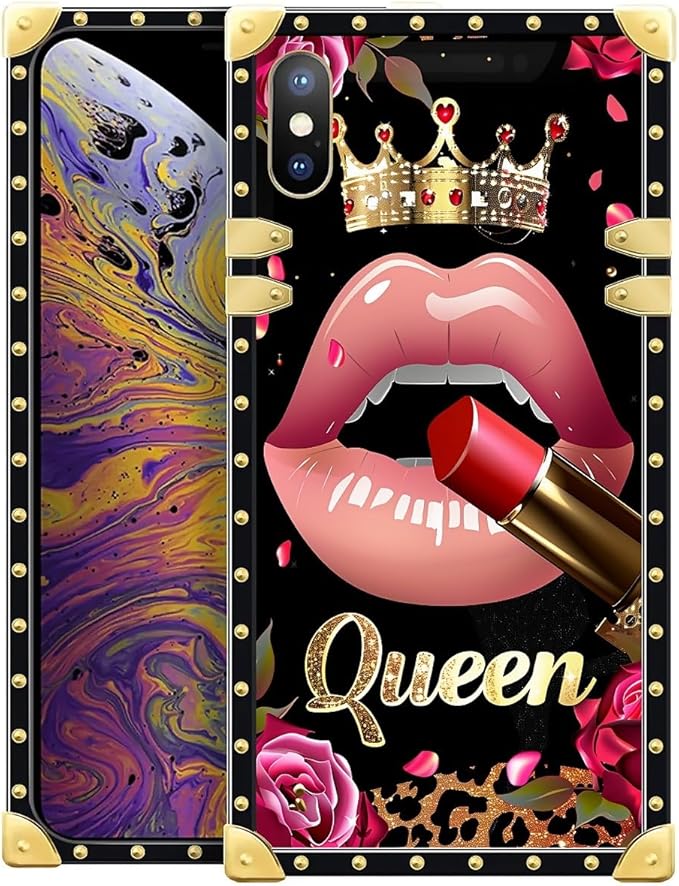 Compatible with iPhone Xs Max Case, Glitter Red Rose Queen Leopard Lipstick Luxury Golden Decoration for Girl Women Soft TPU Shockproof Protective Hard PC Back for iPhone Xs Max