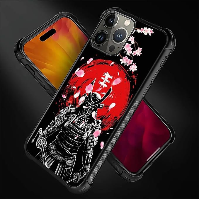 for iPhone 16 Pro Case, Sakura Japanese Samurai Pattern Graphic Design Girl Boy Soft Silicone Hard Acrylic Shock Protection for iPhone 16 Pro