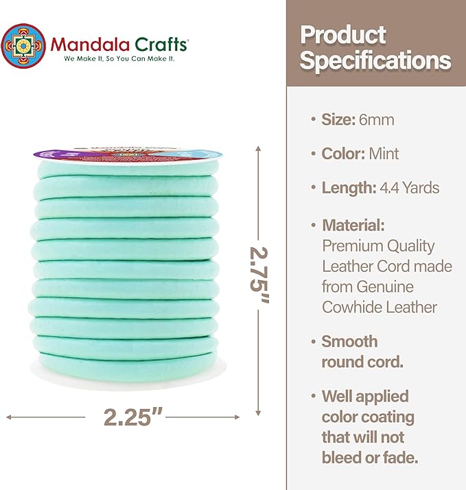 Mandala Crafts Round Genuine Mint Leather Cord for Jewelry Making – 6mm Cowhide Leather Rope String Lace for Kumihimo – 4.4 Yards Cowhide Craft Cording Spool