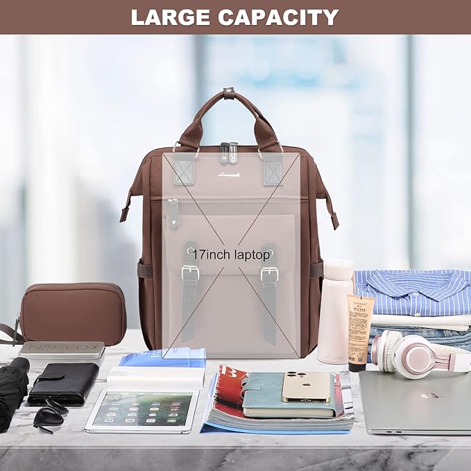 LOVEVOOK Laptop Backpack for Women Work Teacher Backpack, Business Computer Bag Doctor Nurse Bags, College Backpack Purse Laptop Bag, Waterproof Anti-theft Large Travel Back Pack, 17 Inch, Coffee
