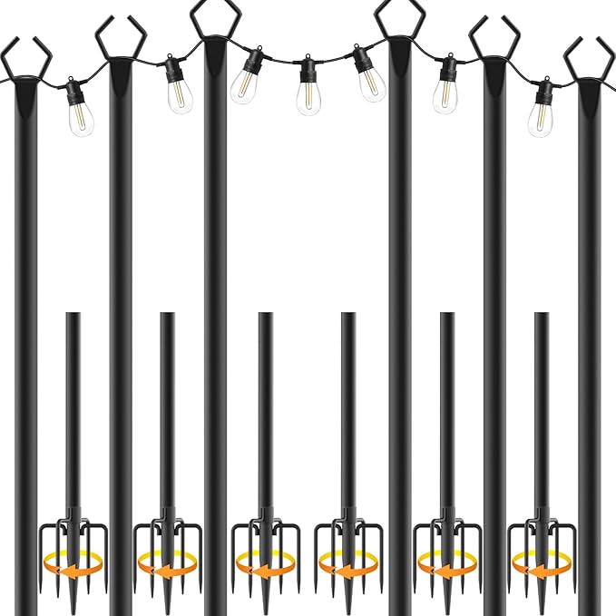 NUERPO 6 Pack String Light Poles,Metal Poles for Hanging Outdoor Light Strings,6 Pack 10 FT Light Poles Stand for Outside Garden,Patio,Wedding,Backyard,Deck,Party
