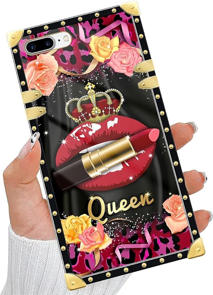 Compatible with iPhone 8 Plus 7 Plus Case, Queen Lip Crown Leopard Print Luxury Golden Decoration for Girl Women Soft TPU Shockproof Protective Hard PC Back for iPhone 8 Plus 7 Plus