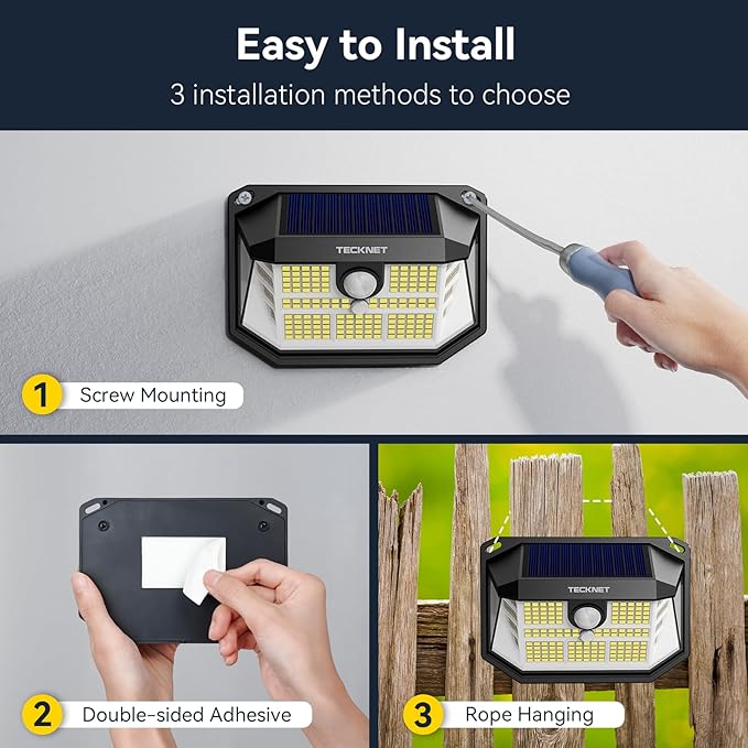 TECKNET 231 LED Solar Motion Lights Outdoor Waterproof, 6 Pack 300° Angle & 3 Lighting Modes PIR Motion Sensor Security Solar Wall Lights IP65 for Fence Front Door Yard Deck Garden Garage