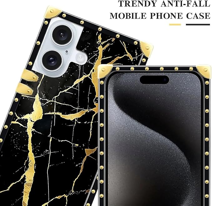 Compatible with iPhone 16 Case, Black Gold Marble Nature Luxury Golden Decoration for Girl Women Soft TPU Shockproof Protective Hard PC Back