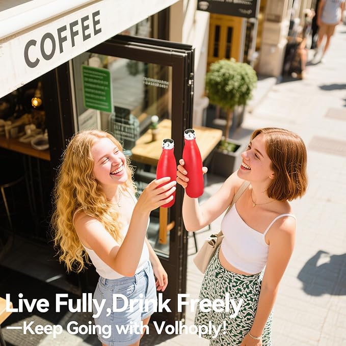 Volhoply 17oz Insulated Stainless Steel Water Bottle, Double Wall Vacuum Flask, Keeps Cold 24h & Hot 12h, Available in Packs of 1, 4, or 8（Red,1 Pack）