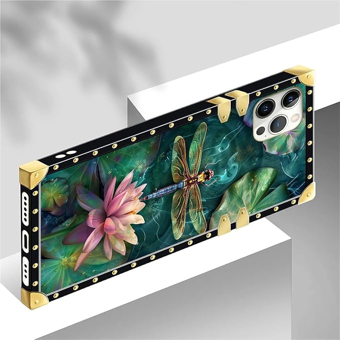 Compatible with iPhone 12 Pro Max Case, Colourful Dragonfly Pink Lily Pads Luxury Golden Decoration for Girl Women Soft TPU Shockproof Protective Hard PC Back for iPhone 12 Pro Max