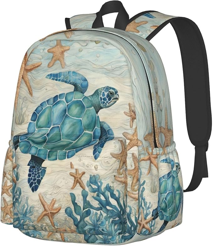 cfpolar 17 Inch Backpack Vintage Sea Turtle Starfish Laptop Bag Shoulder Bag School Bookbag Casual Daypack For Boys Girls