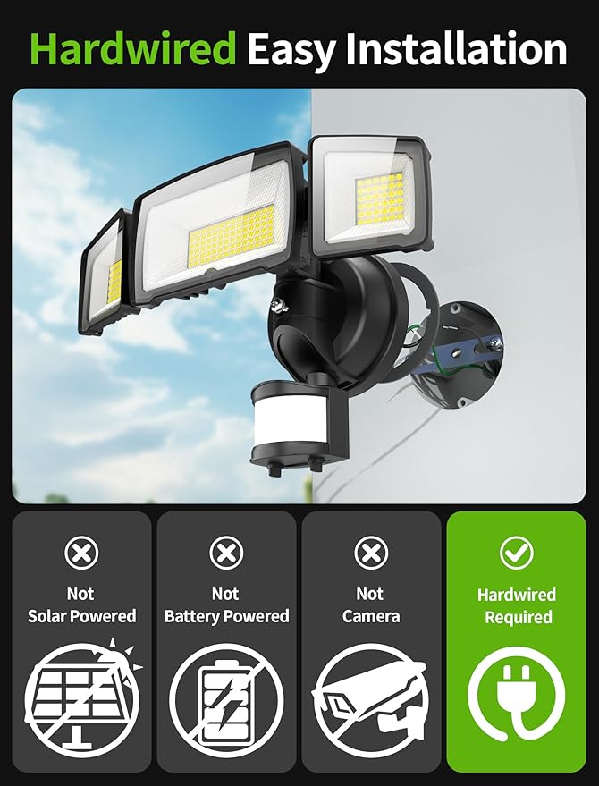 100W LED Security Lights, 11000LM Hardwired Flood Lights with Remote Control, Motion Sensor Outdoor Lights, 3 Adjustable Heads, IP66 Waterproof, Dusk to Dawn Outdoor Lighting for Yard Garage