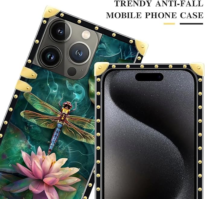Compatible with iPhone 16 Pro Case, Colourful Dragonfly Pink Lily Pads Luxury Golden Decoration for Girl Women Soft TPU Shockproof Protective Hard PC Back
