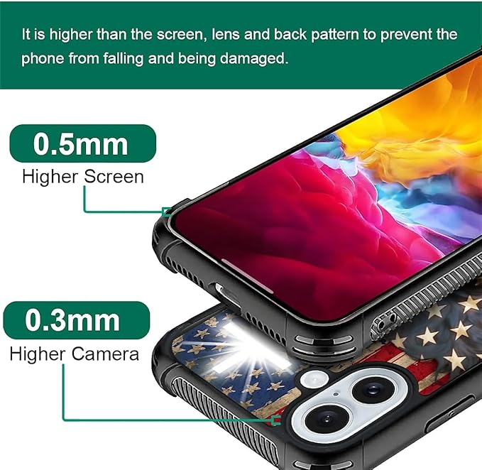 for iPhone 16 Case, Red American Flag Horse Cross Pattern Graphic Design Girl Boy Soft Silicone Hard Acrylic Shock Protection for iPhone 16