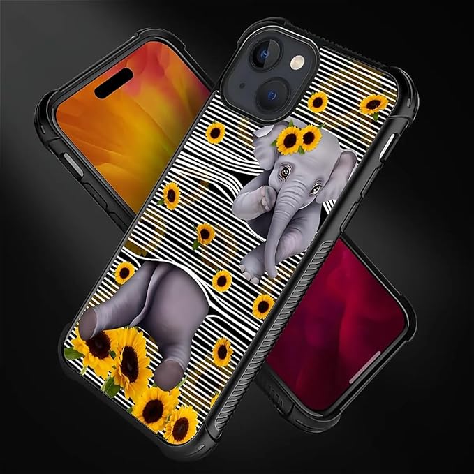 for iPhone 15 Plus Case, Cute Little Elephant Sunflower White Line Art Pattern Made of Soft Silicone Hard Acrylic Shock Protection for iPhone 15 Plus