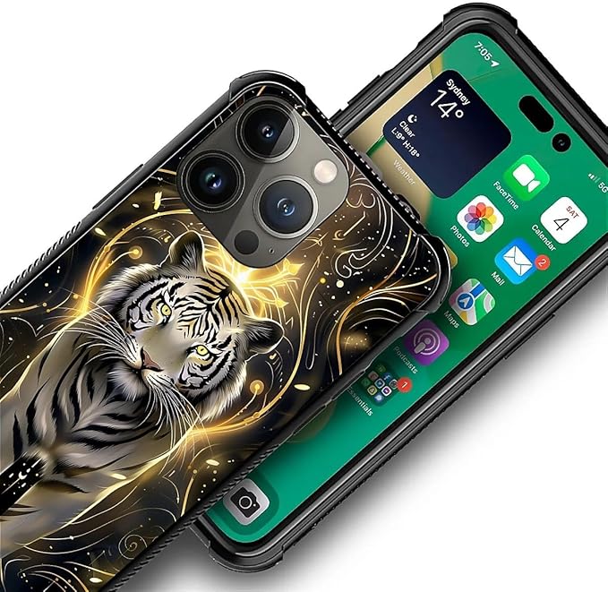 for iPhone 14 Pro Max Case, White Tiger Golden Mystery Pattern Graphic Design Girl Boy Soft Silicone Hard Acrylic Shock Protection for iPhone 14 Pro Max