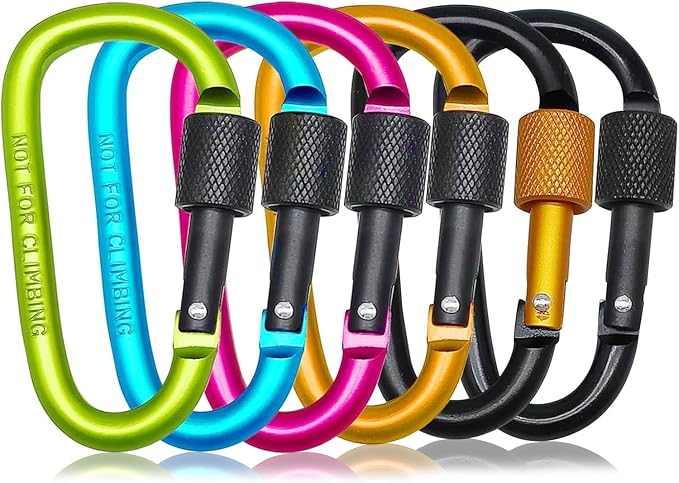 6 Pack Small Locking Carabiner, 3 Inch Aluminum D-Shape Snap Hook with Screw Gate for Hiking, Camping, Fishing&Backpack(Not for Climbing)