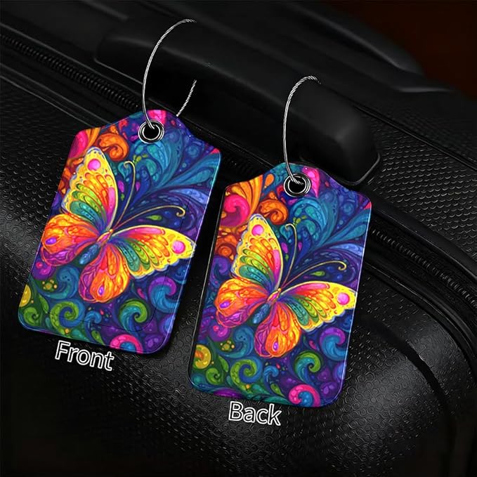 2 Pack Butterfly Luggage Tags for Suitcases, Colorful Artistic Travel ID Tags with Privacy Cover, PU Leather Bag Identifiers, Spring & Summer Vacation Essentials, Mother's Day, 2 Styles