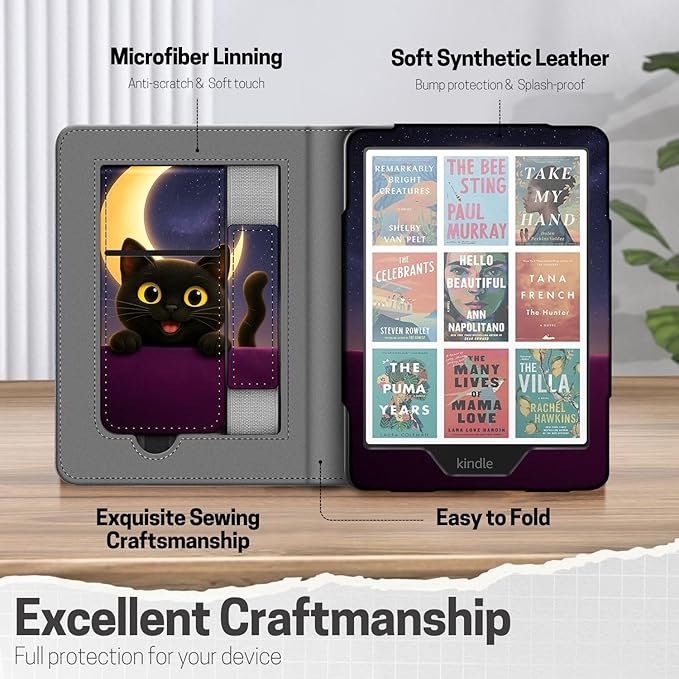 TNP Stand Case for Kindle Paperwhite 12th Generation 2024 / Kindle Colorsoft Signature Edition with Hand Strap & Card Slot - 7" PU Leather Protective Folio Cover with Auto Wake/Sleep, Cat Moon