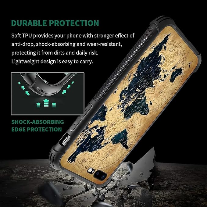 Case for iPhone 7 Plus/8 Plus, Brown World Map Pattern Made of Soft Silicone Hard Acrylic for Shock Protection